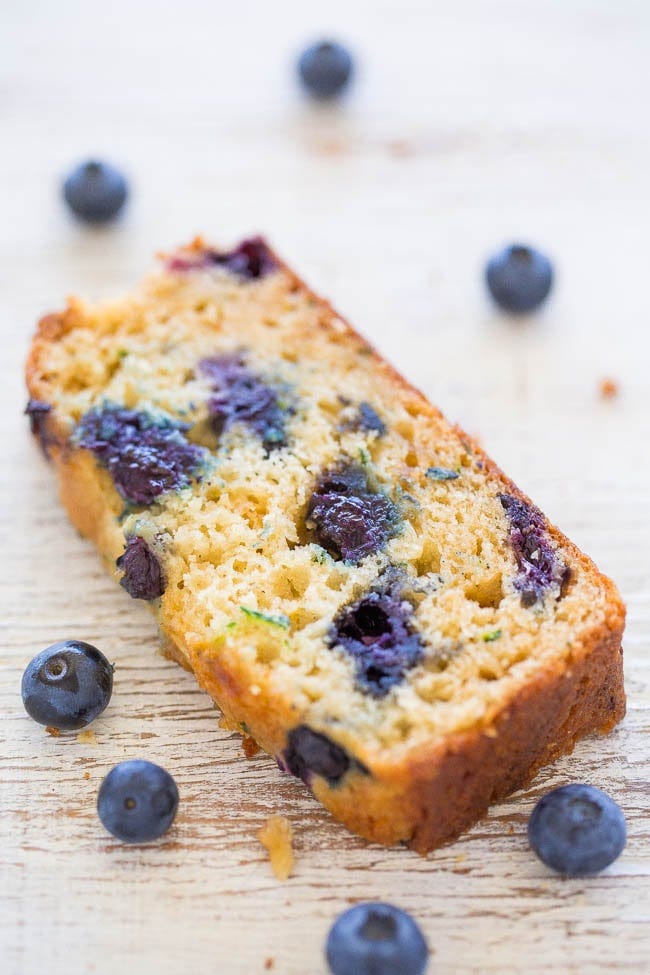 A slice of Blueberry Zucchini Bread. A slice of Blueberry Zucchini Bread.