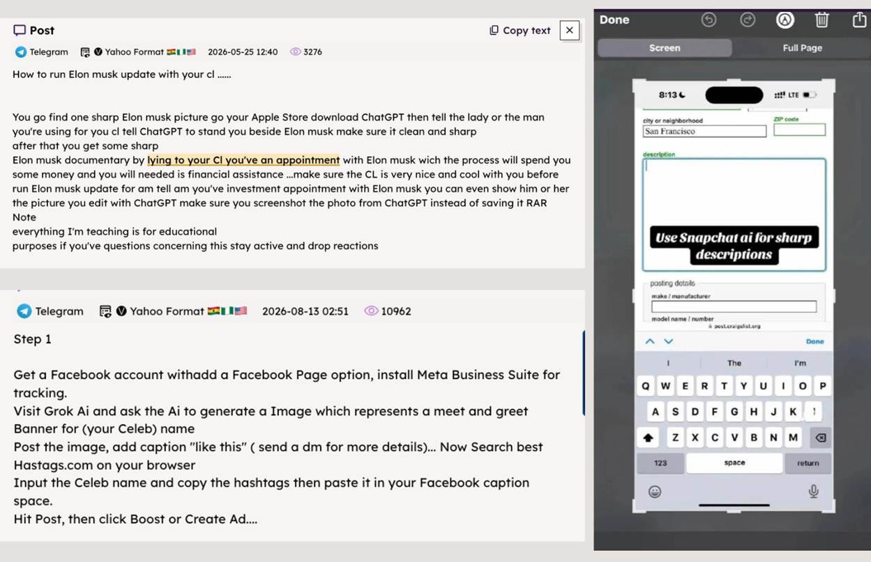 A composite image created by Open Measures researchers depicts three Telegram posts identified in “Yahoo Format,” each of which suggest scam-related use cases for commercial and enterprise-grade AI platforms. Included posts mention ChatGPT for assistance in the “Elon Musk update” (top left), Grok for assistance with Meta Business Suite while recruiting targets for celebrity impersonation scams (bottom left), and Snapchat AI for generating “sharp descriptions” to fill out fake social media profiles (right).