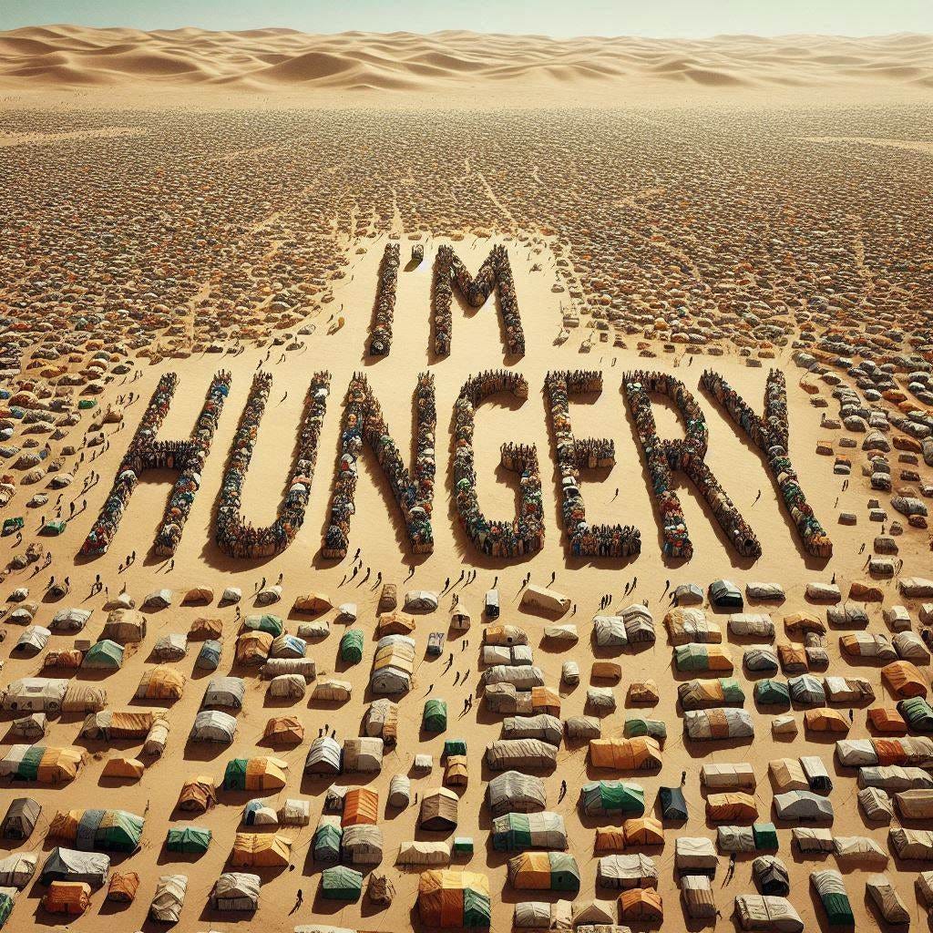 a sprawling refugee camp made of tents in the desert. some of the tents at the center of the image form the words I'M HUNGRY