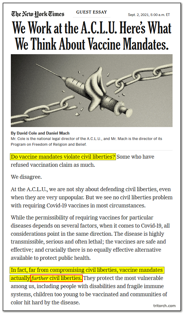 the new york times aclu branch argues that vaccine mandates enhance civil liberties rather than erase them