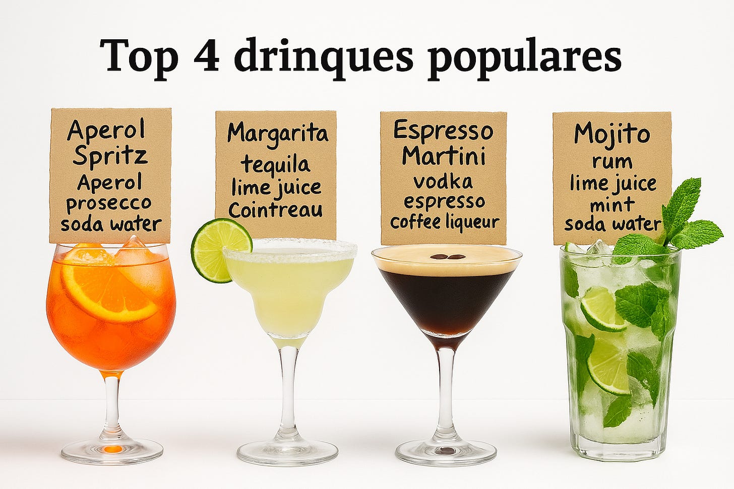 imagem com fundo branco no estilo de foto de estudio com quatro drinks ao lado um do outro: aperol spritz, margarita, espresso martini, mojito. Cada um tem uma plaquinha de papelão apoiado em sua respectiva taça como se escrito a mão com um pincel de forma simples em 3 ou 4 linhas os ingredientes do drink de forma simplificada. Coloque em cima da imagem um título "Top 4 drinques populares" e faça a imagem na horizontal.