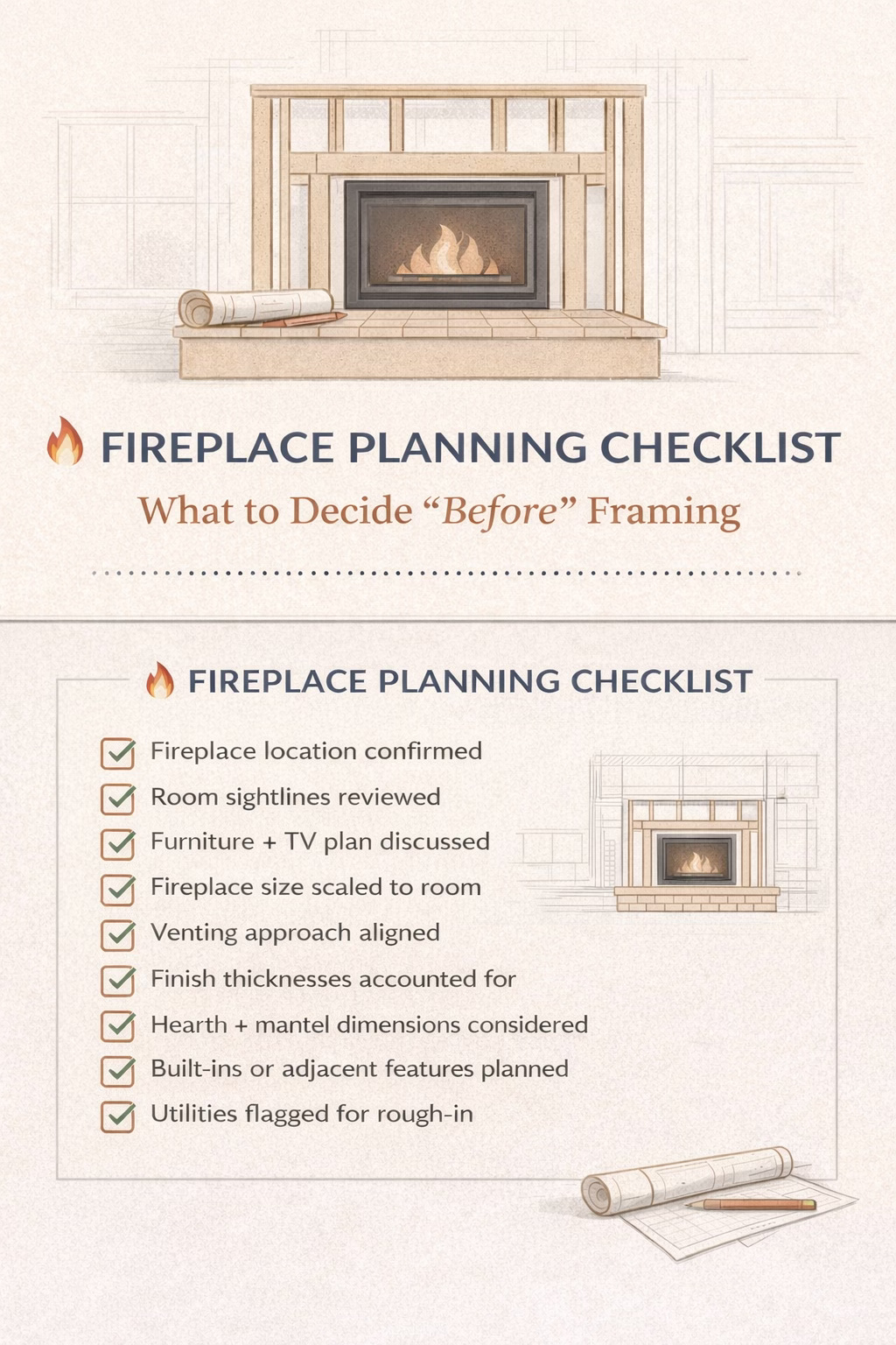 Infographic checklist titled “Fireplace Planning Checklist” outlining key planning steps including placement, layout, sizing, venting, finishes, utilities, and pre-framing decisions for homeowners and builders.