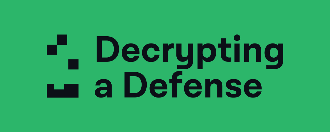 Decrypting a Defense in black letters with a black logo to its left, over a green background.
