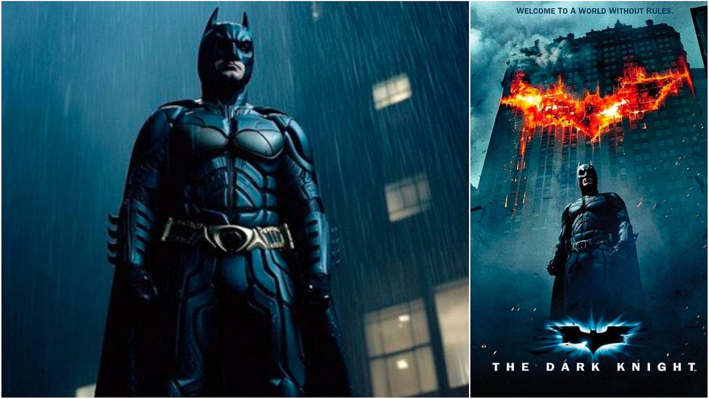 At left: Midjourney's output of “Batman, screencap from The Dark
Knight." At right: Warner Bros. 'The Dark Knight' poster in 2008. At left: Midjourney's output of “Batman, screencap from The Dark
Knight." At right: Warner Bros. 'The Dark Knight' poster in 2008.