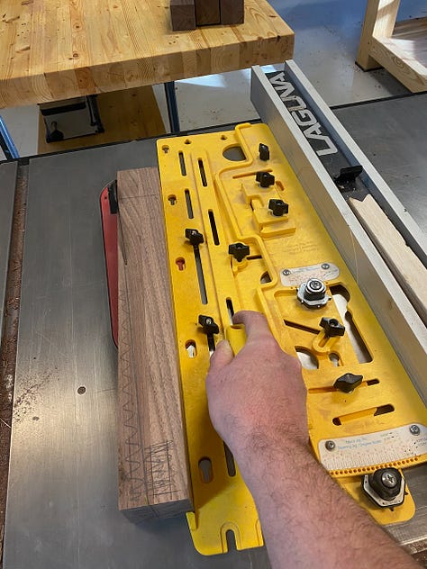 Making the legs involves laying out and cutting the mortises, cutting the tenons in the aprons, and then cutting the tapers on the legs