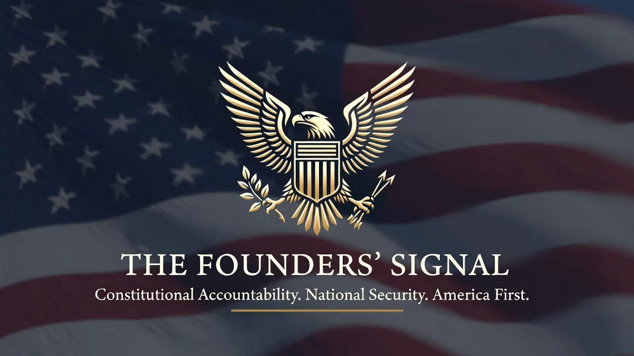 The Founders' Signal publication logo featuring a gold American eagle emblem centered over a muted American flag background with the publication name and tagline below.
