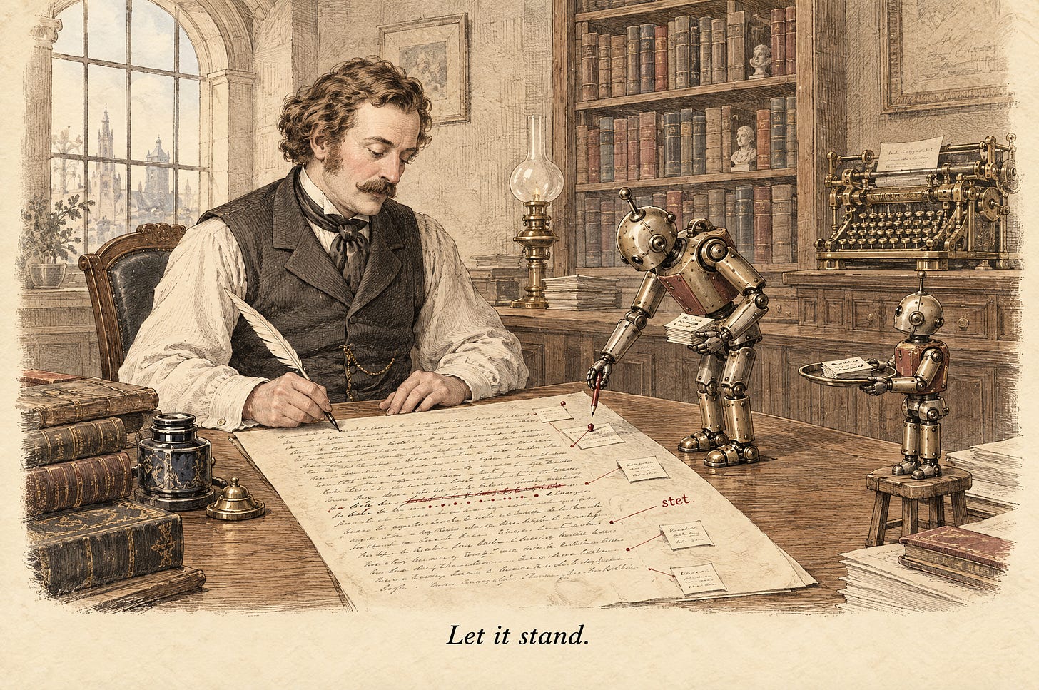 A Victorian writer keeps his quill while a small brass robot pins notes in the manuscript's margin beside a struck line marked "stet". Caption: Let it stand. A Victorian writer keeps his quill while a small brass robot pins notes in the manuscript's margin beside a struck line marked "stet". Caption: Let it stand.