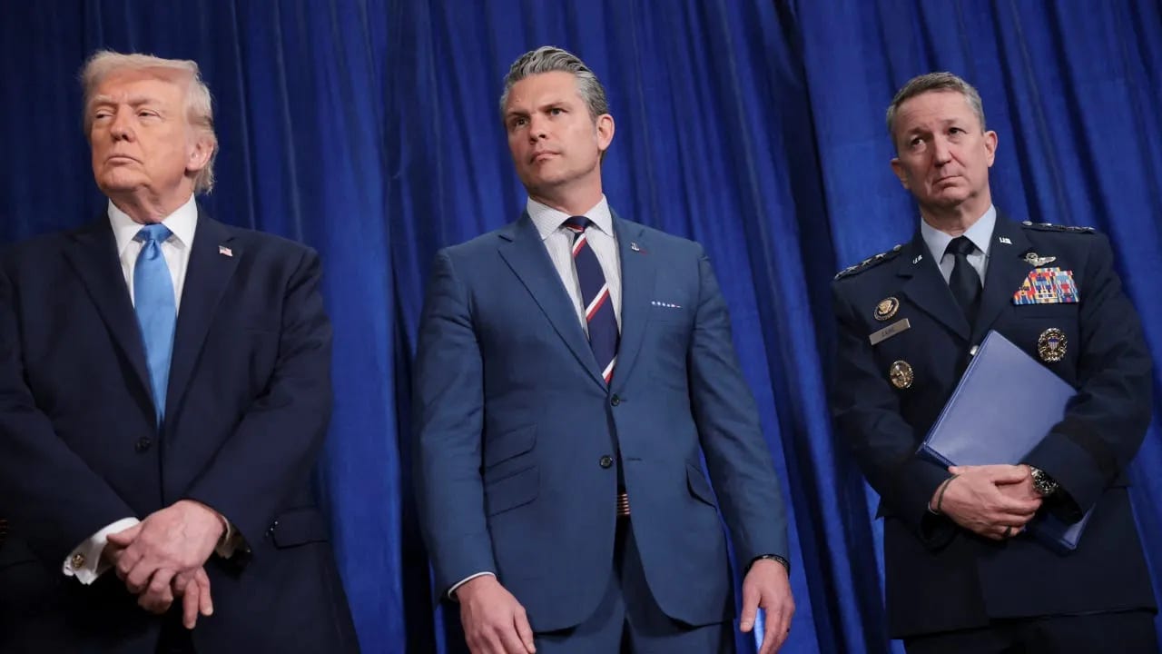 US President Donald Trump, Secretary of Defense Pete Hegseth and General Dan Caine, Chairman of the Joint Chiefs of Staff.