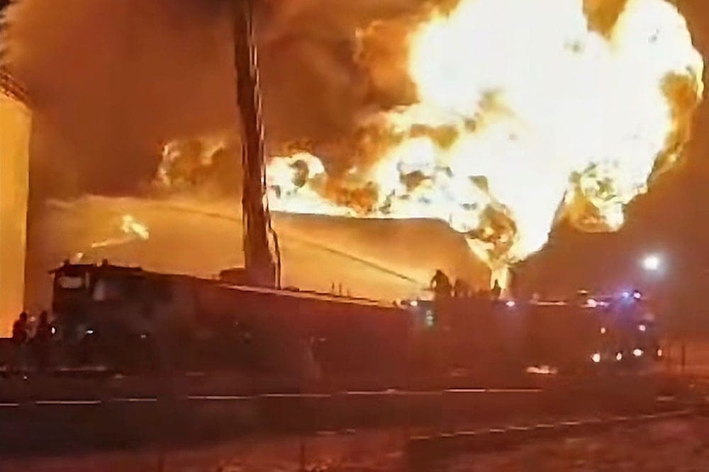 This frame grab from video shows firefighters working to contain a fire at the Zawiya oil refinery following a drone strike in Zawiya, Libya, Tuesday, Aug. 11, 2026. (Libyan Fire Department via AP) This frame grab from video shows firefighters working to contain a fire at the Zawiya oil refinery following a drone strike in Zawiya, Libya, Tuesday, Aug. 11, 2026. (Libyan Fire Department via AP)