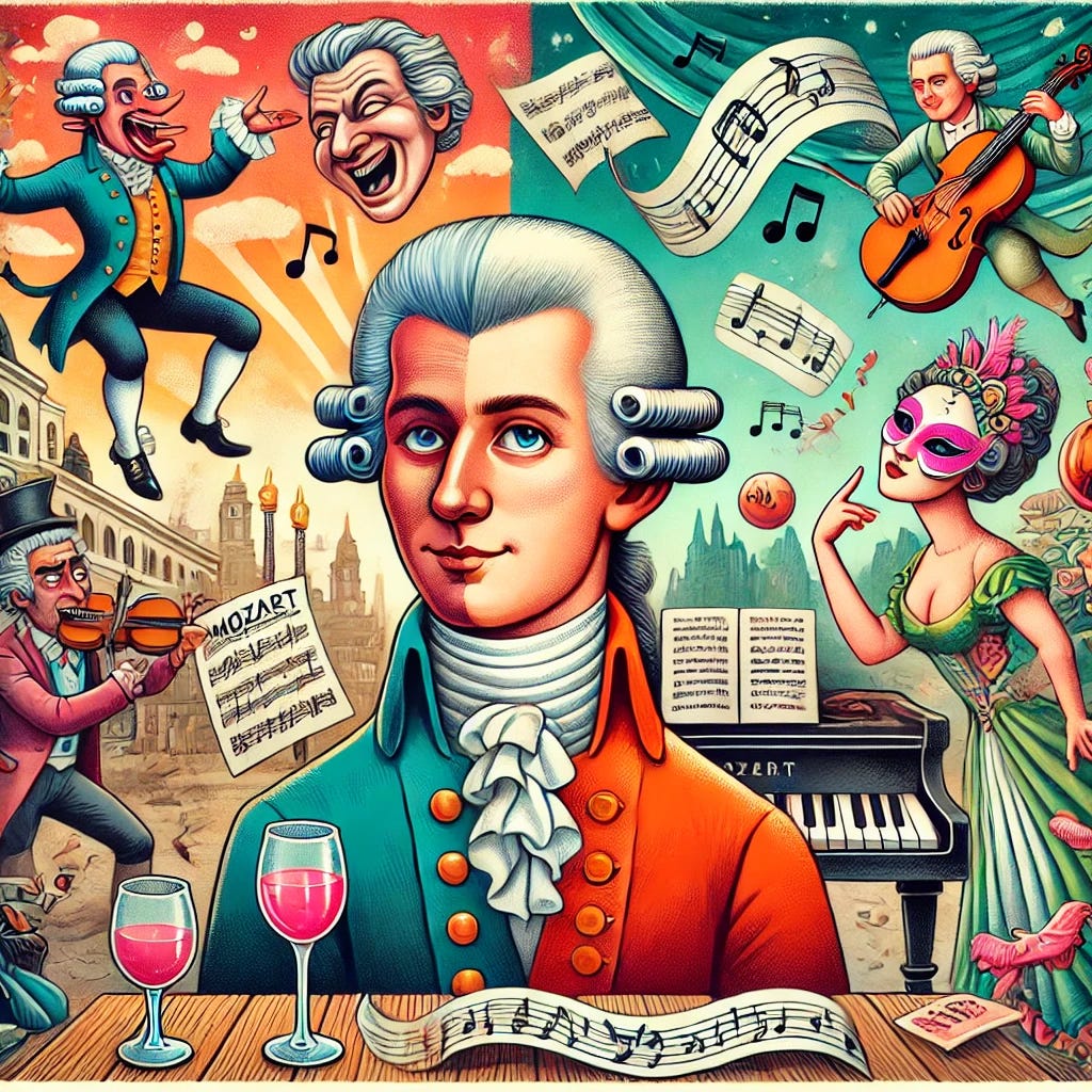 A whimsical and lively illustration capturing the contrast between Mozart's music and modern perceptions of it, set in a surreal blend of 18th-century Vienna and a contemporary setting. Mozart is depicted as a playful yet slightly smug figure in powdered wig and period attire, surrounded by elements from his compositions (music notes, a piano, operatic masks). A devil and angel hover over someone's shoulders in the background, debating Mozart's significance. The scene is vibrant and fun, with humorous nods to cocktail parties, symphonies, and music appreciation.