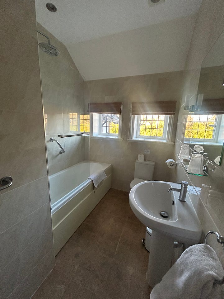 4 photos of a room at Petwood Hotel, Woodhall Spa including the ensuite bathroom.