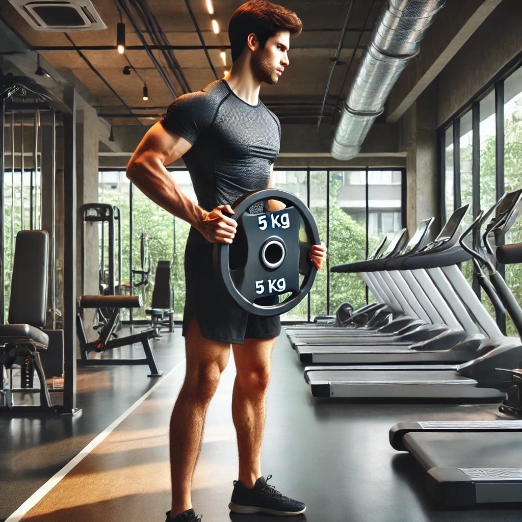 A man rotating his torso while holding a 5 kg weight plate, performing an exercise in a modern gym with various workout machines in the background. The man is wearing workout attire, such as a fitted T-shirt and shorts, and the gym has a clean and professional atmosphere with bright lighting and polished flooring.