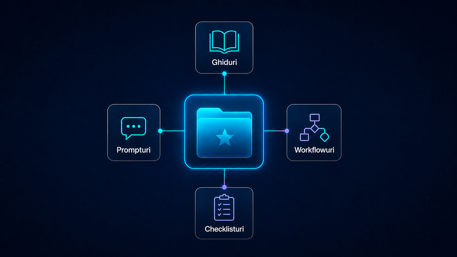Ilustrație digitală în stil neon cu un folder central conectat la patru categorii de resurse AI: ghiduri, prompturi, workflowuri și checklisturi.