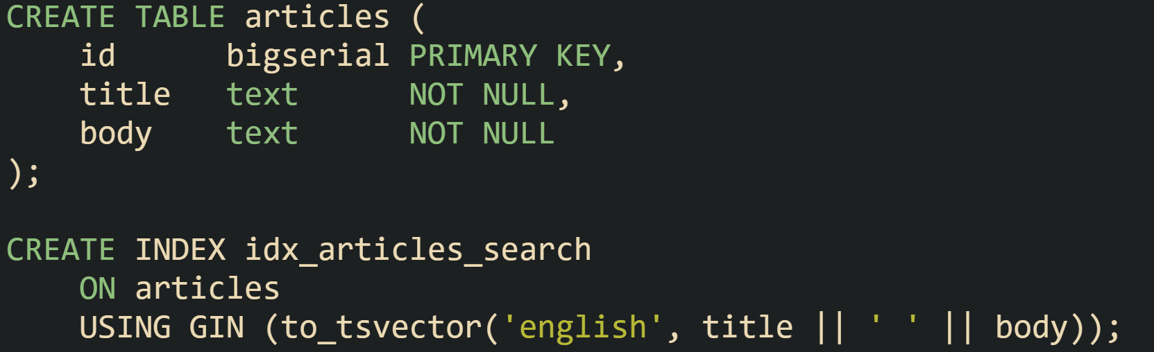 CREATE TABLE articles (     id      bigserial PRIMARY KEY,     title   text      NOT NULL,     body    text      NOT NULL );  CREATE INDEX idx_articles_search     ON articles     USING GIN (to_tsvector('english', title || ' ' || body));
