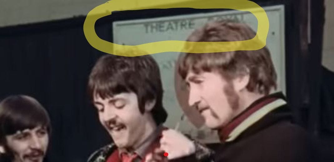 The Beatles outside the Theatre Royal Stratford from the Penny Lane video The Beatles outside the Theatre Royal Stratford from the Penny Lane video