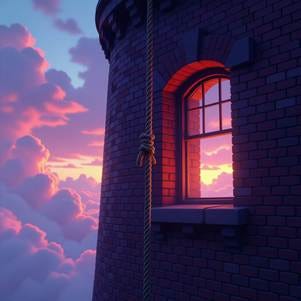 A window with a rope tied to a tower