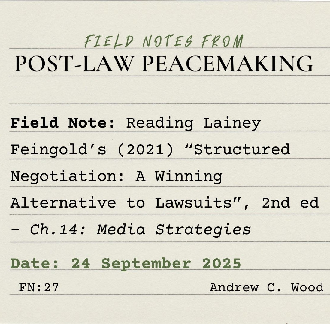 A square, lined index card on which is typed: “FIELD NOTES FROM POST-LAW PEACEMAKING” Field Note: Reading Lainey Feingold’s (2021) “Structured Negotiation: A Winning Alternative to Lawsuits”, 2nd ed - Ch.14: Media Strategies Date: 24 September 2025 FN:27	Andrew C. Wood”