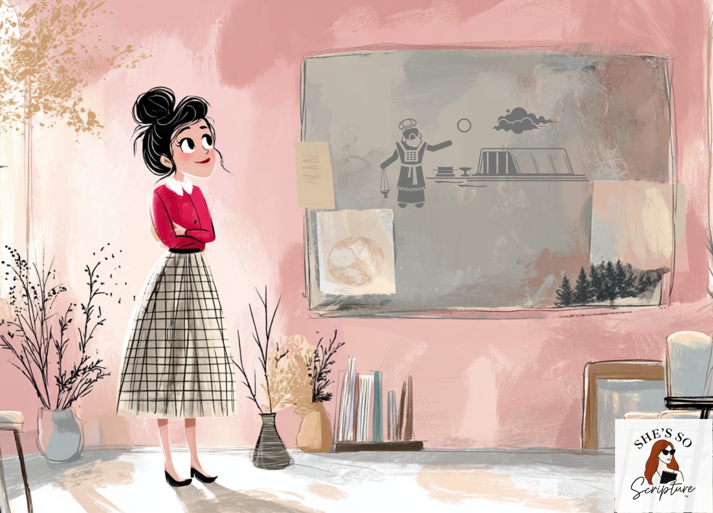 Illustrated woman standing in a classroom with a chalkboard showing ancient Israelite priest imagery, soft watercolor style and warm pink background.