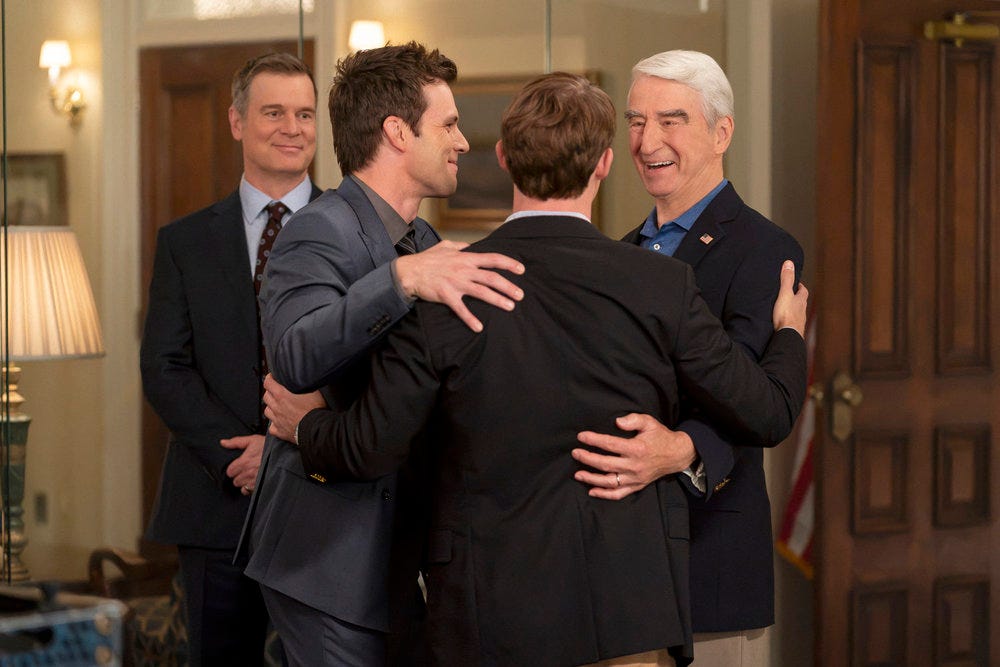 LINE OF FIRE -- "Cul-de-Sac" Episode 105 -- Pictured: (l-r) Peter Krause as Mike Hollingsworth, Tommy O'Brien as Mike Jr. "Micah" Hollingsworth, Sam Waterston as Former President Thomas Barnes hugging inside Mike's office after Thomas announced Mike would receive recognition for his heroism LINE OF FIRE -- "Cul-de-Sac" Episode 105 -- Pictured: (l-r) Peter Krause as Mike Hollingsworth, Tommy O'Brien as Mike Jr. "Micah" Hollingsworth, Sam Waterston as Former President Thomas Barnes hugging inside Mike's office after Thomas announced Mike would receive recognition for his heroism