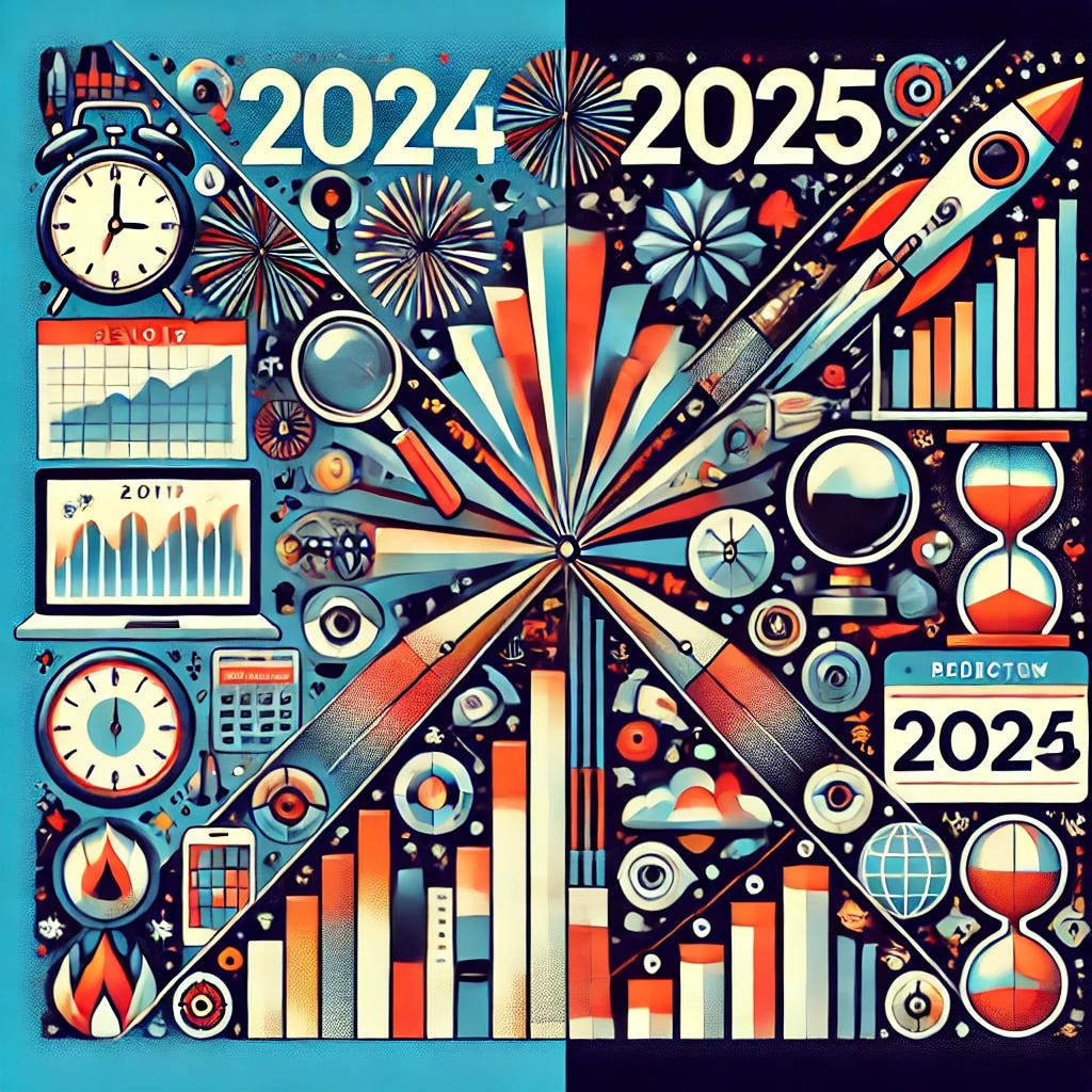 A modern, symmetrical, and visually striking digital artwork divided into two halves. On the left side, a collage of images and icons symbolizing reviews of the past year, including graphs, calendars, magnifying glasses, celebratory fireworks, and retrospective items like a clock and a '2024' banner. On the right side, a contrasting collage symbolizing predictions for the year ahead, featuring futuristic elements like crystal balls, upward-trending graphs, rockets, digital screens, and a bold '2025' banner. The style is bold, clean, and colorful, with a balance of symmetry and dynamic energy.