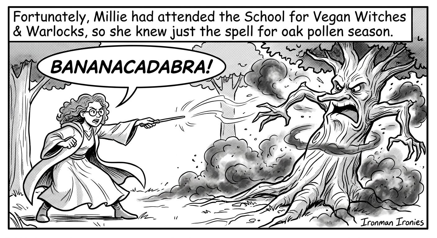 Millie from School for Vegan Witches casts BANANACADABRA at giant oak pollen tree monster Millie from School for Vegan Witches casts BANANACADABRA at giant oak pollen tree monster