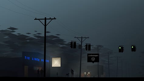 A screenshot from Kentucky Route Zero showing a view of powerlines on a darkened street; A Screenshot of Kentucky Route Zero showing a closeup of a telephone; A screenshot of Kentucky Route Zero showing two characters in a room that seems to be engulfed in yellow warm light