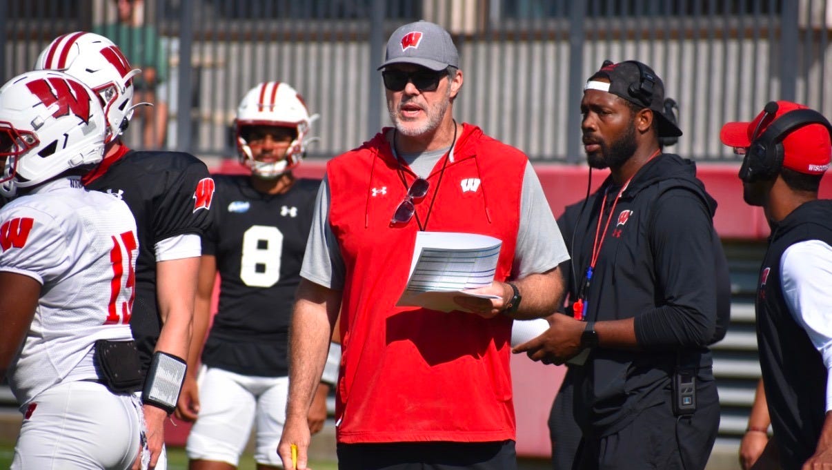 Wisconsin Badgers offensive coordinator Jeff Grimes during practice.