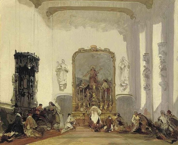 This may contain: a painting of people sitting around in a room