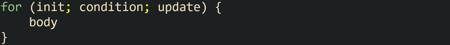 for (init; condition; update) { body } for (init; condition; update) { body }