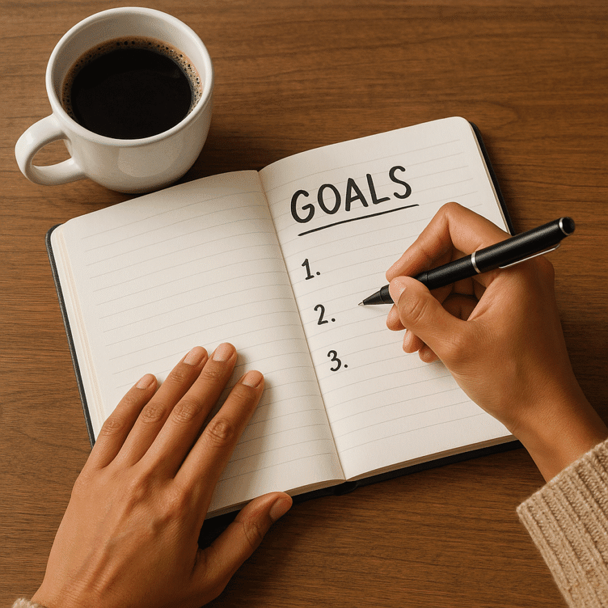 Person writing goals in a journal with a cup of coffee nearby. Setting clear goals creates focus, accountability, and motivation.