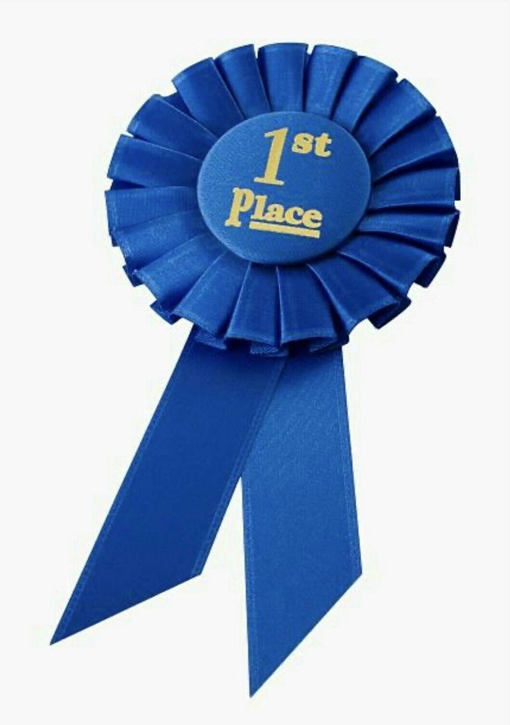 This may contain: a blue award ribbon with the 1st place on it