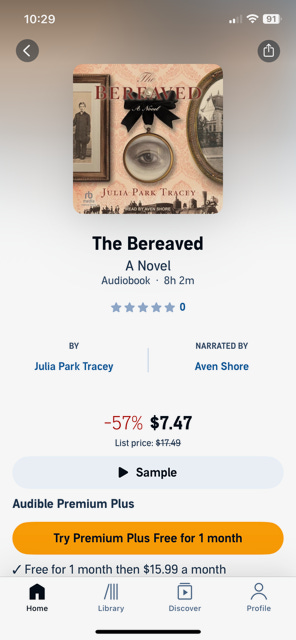 Three images of the audio book cover for The Bereaved by Julia Park Tracey