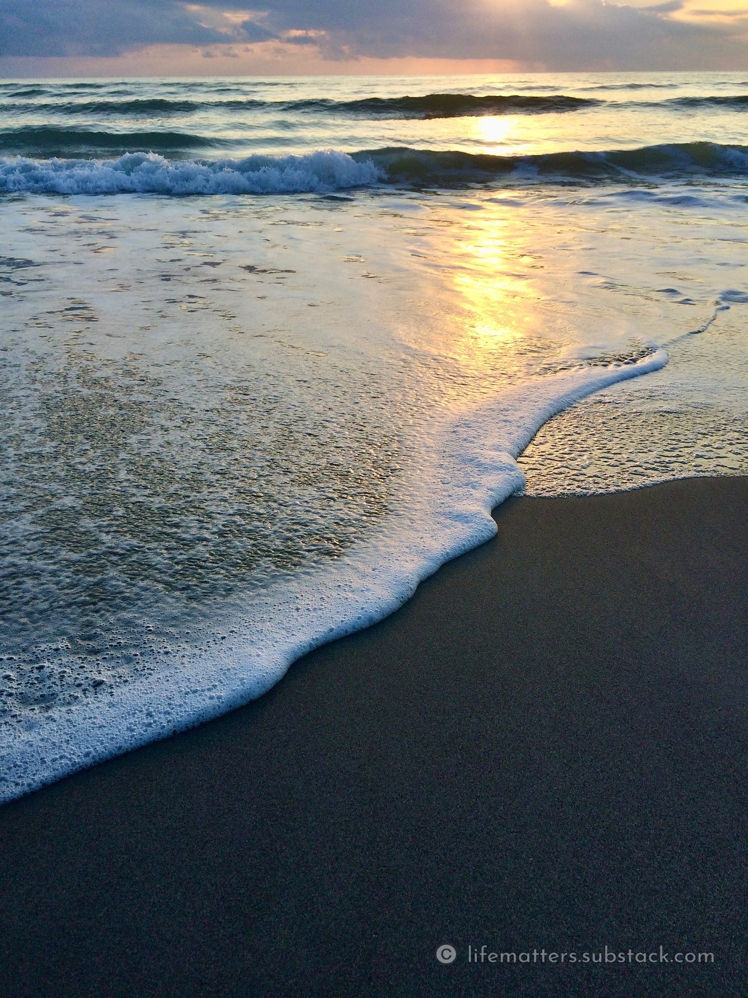 Close up of foamy wave sliding across wet sand with reflection of sunlight on water.