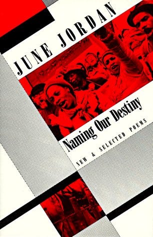 cover of "Naming our Destiny" by June Jordan; cover image in red of a group of marchers