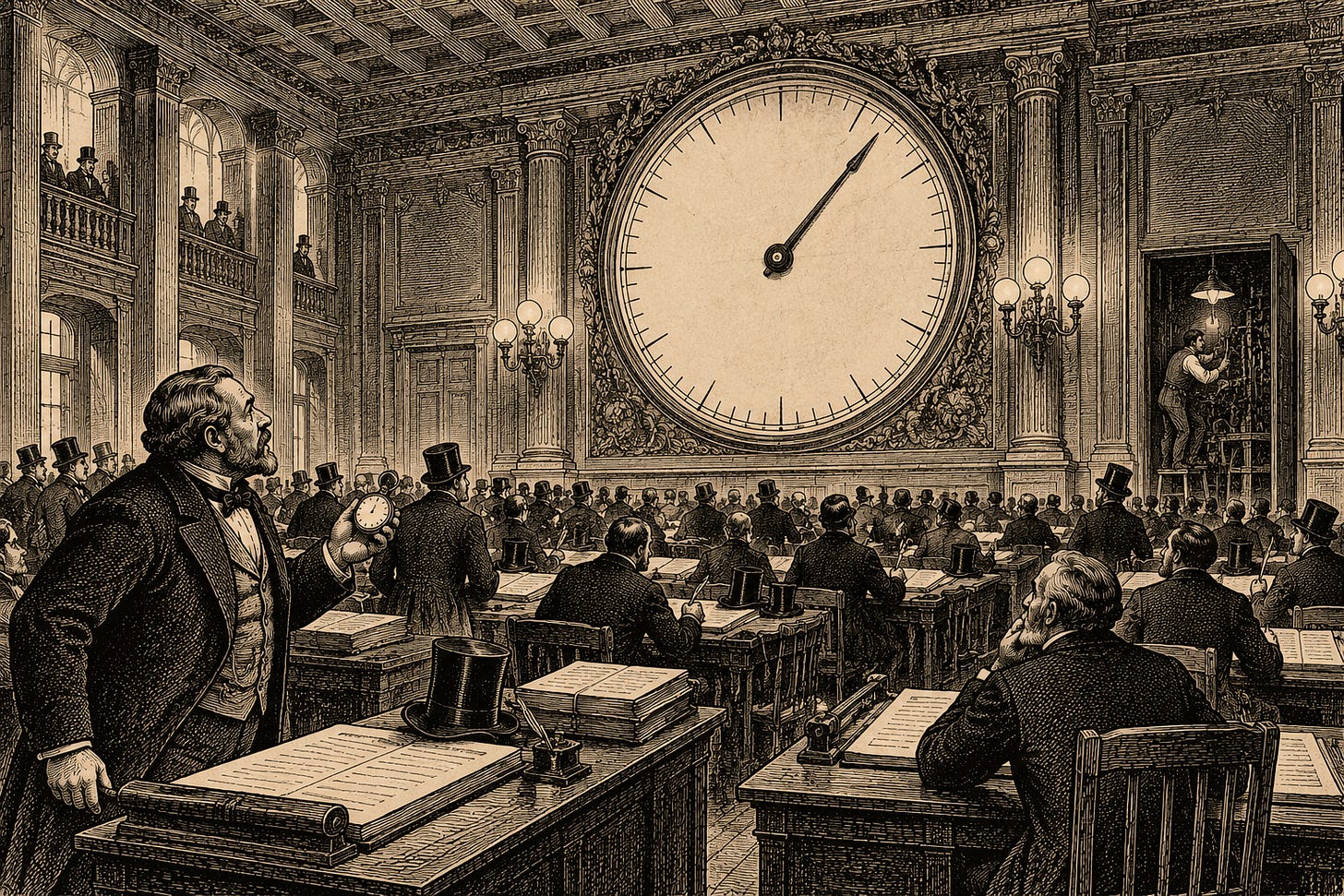Wood-engraving editorial illustration in the Thomas Nast Harper's Weekly style for Attention Capital's essay The Meter Is the Market, depicting the reference rate nobody ratified. An exchange hall of contract tables all faces one enormous blank dial, clerks copying its reading into every agreement, while a technician adjusts the mechanism through a half-open service door and one large merchant compares the dial against his own pocket watch. The image argues Section II: sports television's $111 billion settles against a single private vendor's estimate, an arrangement that accreted from the network era and hardened into infrastructure. Keywords: audience measurement currency, Nielsen monopoly, sports media rights, reference rate, media finance.