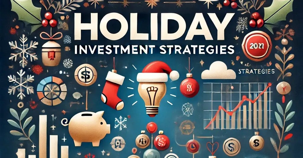A festive and professional illustration for the topic 'Holiday Investment Strategies.' The image features a bold, modern title prominently displayed at the top in an elegant sans-serif font. The background includes subtle holiday-themed elements, such as snowflakes, gift boxes, and a financial chart intertwined with festive decorations. Key investment ideas are represented with icons: a piggy bank wearing a Santa hat for savings, a bar chart for growth strategies, a light bulb for smart investment ideas, and a tree with coins as ornaments for long-term planning. The color scheme combines festive reds and greens with professional gold and blue accents to balance celebration and professionalism. At the bottom, a call-to-action reads 'Make Smart Moves This Season.'