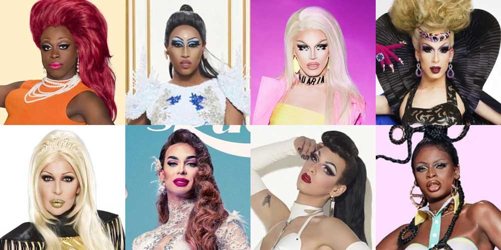 Grid of images with all the queens named in this list (Bob, Priyanka, Aquaria, Alaska, Chad, Carmen, Violet, and Symone)