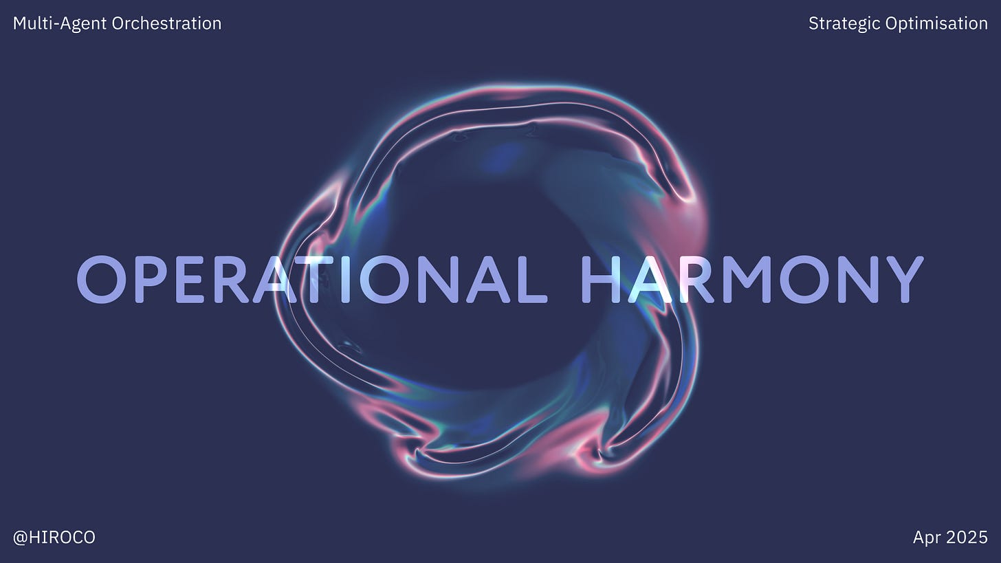 Abstract digital visualization featuring a circular fluid pattern in pink, blue, and teal colors against a deep navy background. The text "OPERATIONAL HARMONY" appears prominently across the center in a modern gradient font. "Multi-Agent Orchestration" is displayed in the top left corner, with "Strategic Optimization" in the top right. The HIROCO handle (@HIROCO) appears in the bottom left with "Apr 2025" in the bottom right. The circular fluid pattern symbolizes the coordinated movement of multiple agents working in harmony, representing HIROCO's approach to transforming operational chaos into synchronized efficiency through advanced orchestration techniques.