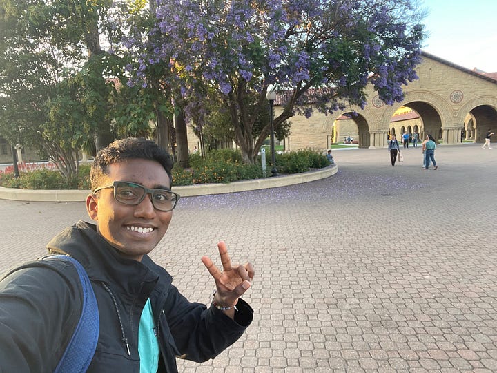 Left: a picture of me smiling in Stanford's main quad, standing in front of a tree with violet blossoms. Right: me holding my very own culture of Li010 bacteria.