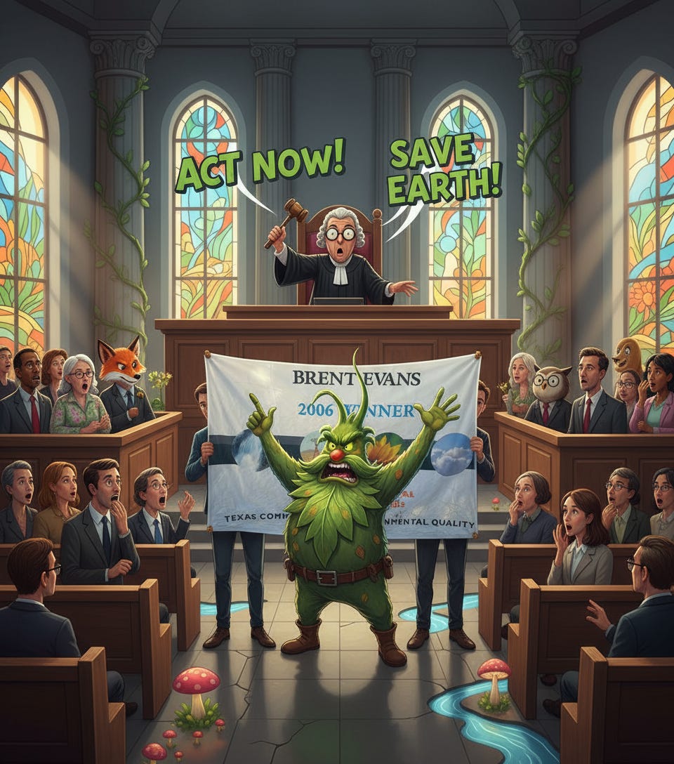 Courtroom protest with the GreenMan and environmental award banner.