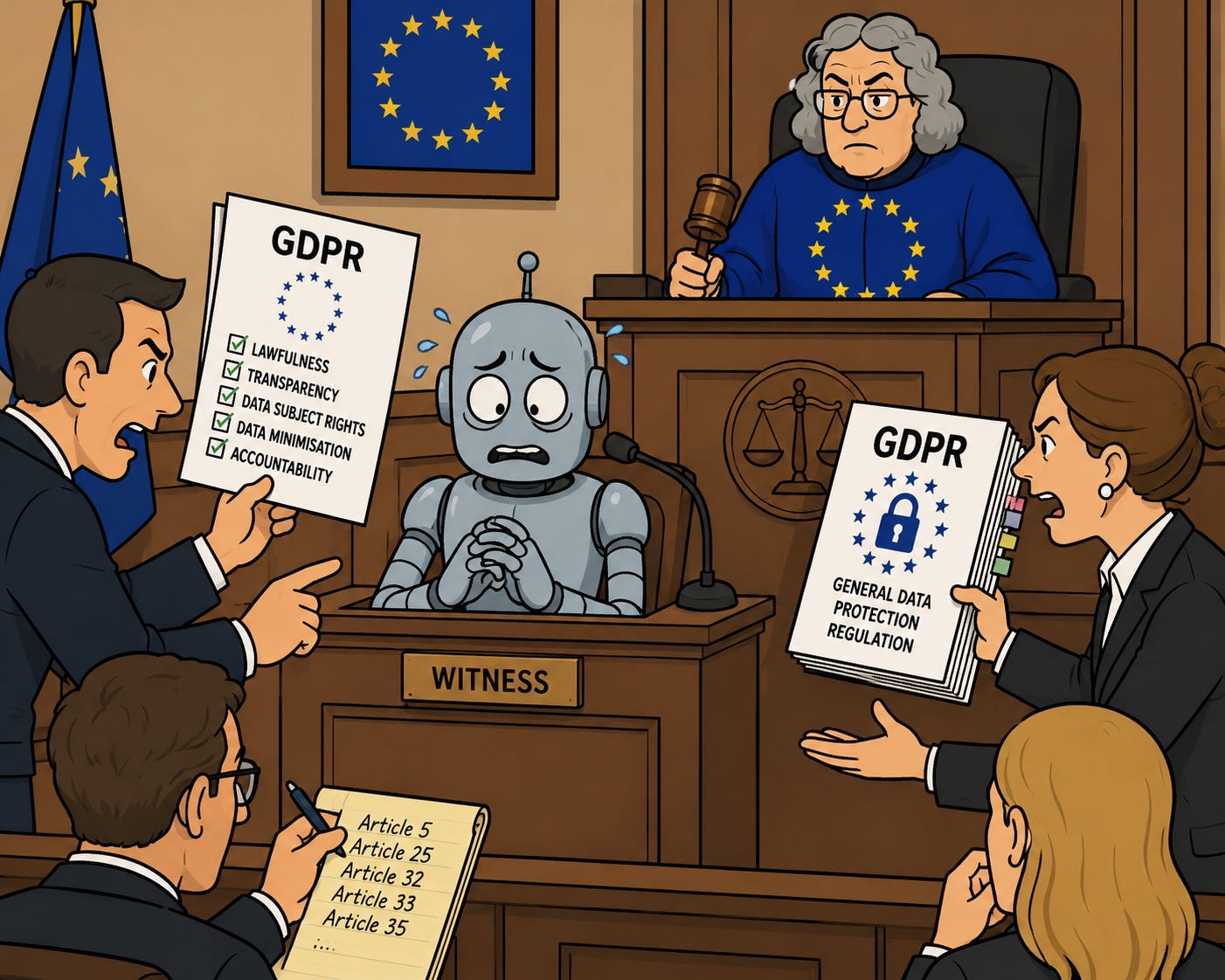 Nervous AI robot testifying in an EU courtroom while lawyers wave GDPR documents in a comic-style illustration.