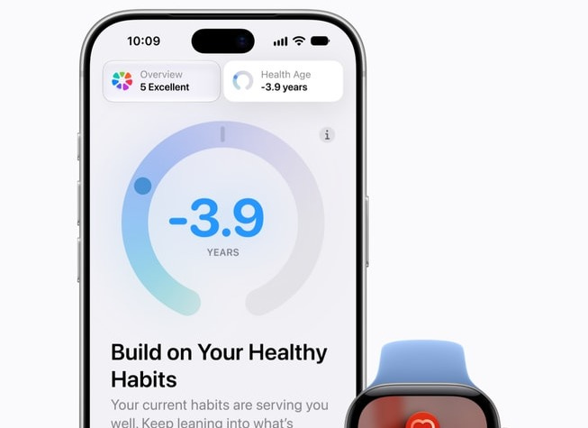 iPhone 18 Pro shows the updated Health app, and Apple Watch Series 12 shows a series of icons. iPhone 18 Pro shows the updated Health app, and Apple Watch Series 12 shows a series of icons.