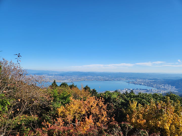 Mt. Misen (left); Mt. Hiei and Lake Biwa (right)