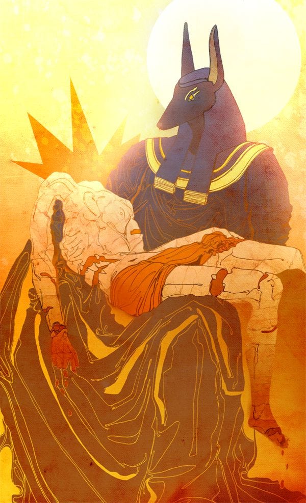A fan art interpretation of Anpu (Anubis) crading the dead Pharaoh Akhenaten - Artist: Tetchist | https://www.deviantart.com/tetchist