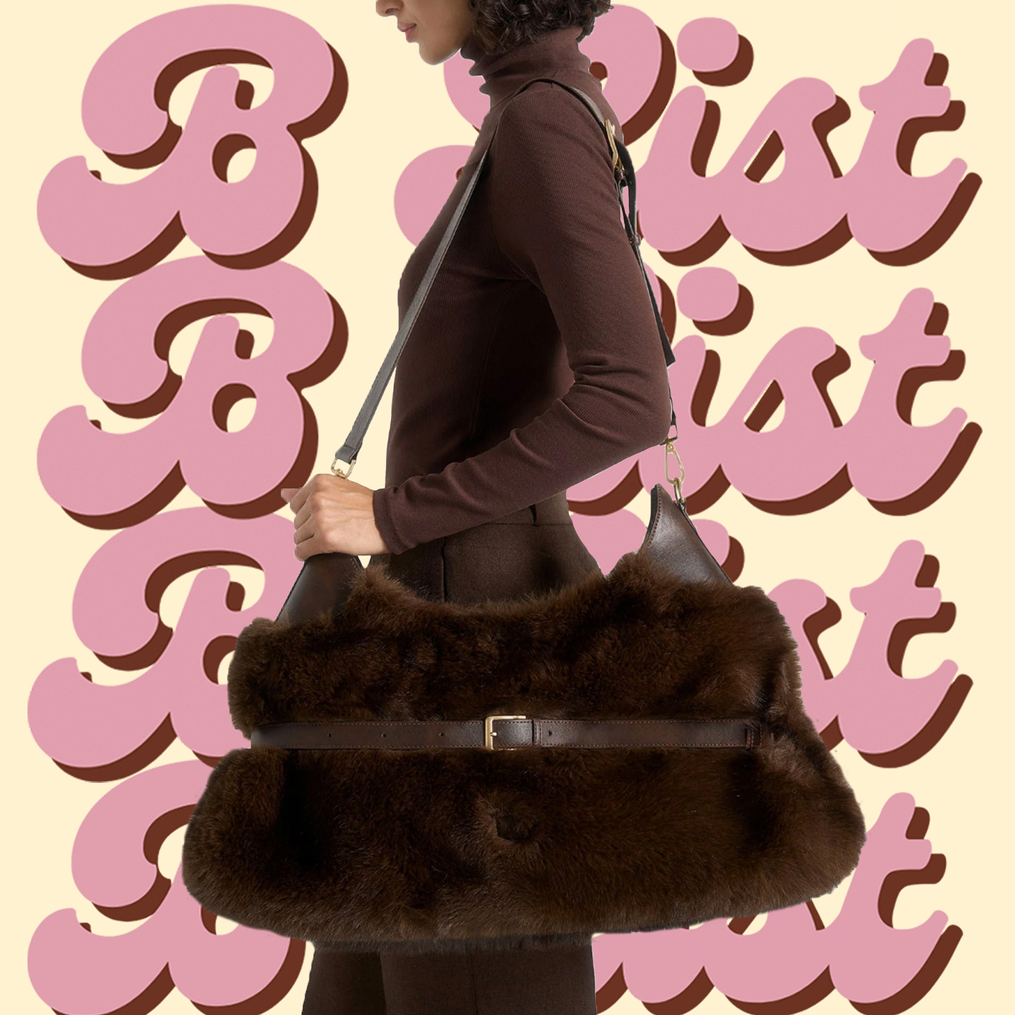 image of a woman holding a faux fur tote bag