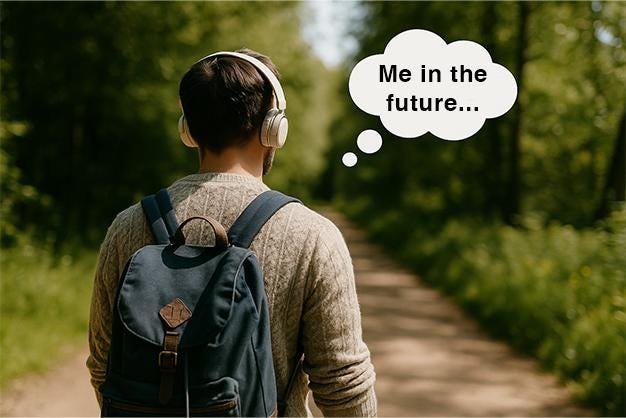 A PERSON WALKING IN NATURE WITH HEADPHONES + A FLOATING BUDGET THOUGHT BUBBLE TRAILING BEHIND THINKING ABOUT HIS FUTURE SELF