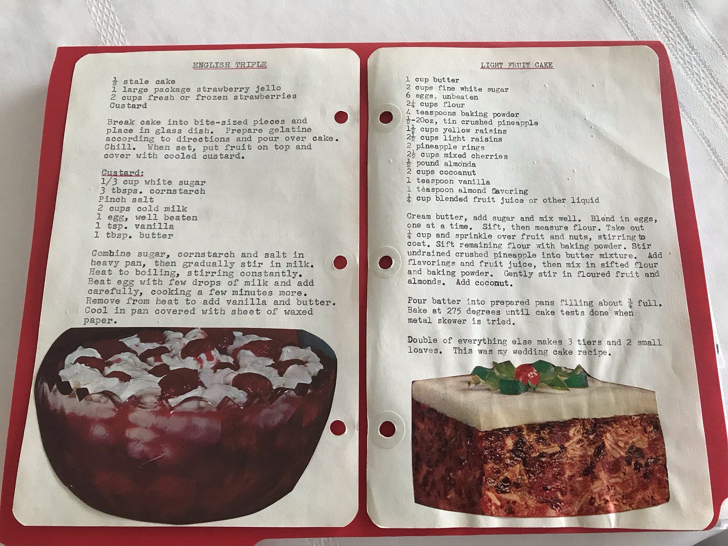 Hand-typed recipes with color photos. From Linda Teather’s Grandma Bradley: Recipes for Trifle and Fruitcake. Credit: Linda Teather.