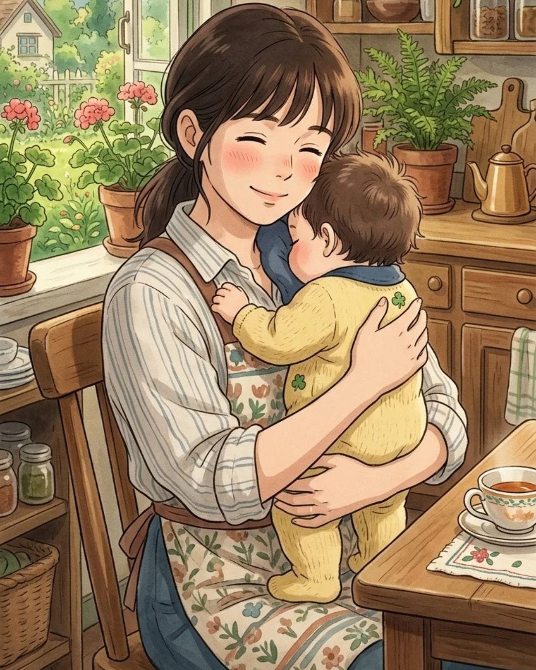 Illustration au style anime Studio Ghibli représentant une jeune femme aux cheveux bruns attachés, souriante, serrant tendrement son bébé contre elle. Le bébé, vêtu d'un pyjama jaune, enfouit doucement son visage dans le cou de sa mère. La scène se déroule dans une cuisine chaleureuse en bois, illuminée par une fenêtre ouverte donnant sur un jardin verdoyant sous un ciel ensoleillé. Illustration au style anime Studio Ghibli représentant une jeune femme aux cheveux bruns attachés, souriante, serrant tendrement son bébé contre elle. Le bébé, vêtu d'un pyjama jaune, enfouit doucement son visage dans le cou de sa mère. La scène se déroule dans une cuisine chaleureuse en bois, illuminée par une fenêtre ouverte donnant sur un jardin verdoyant sous un ciel ensoleillé.