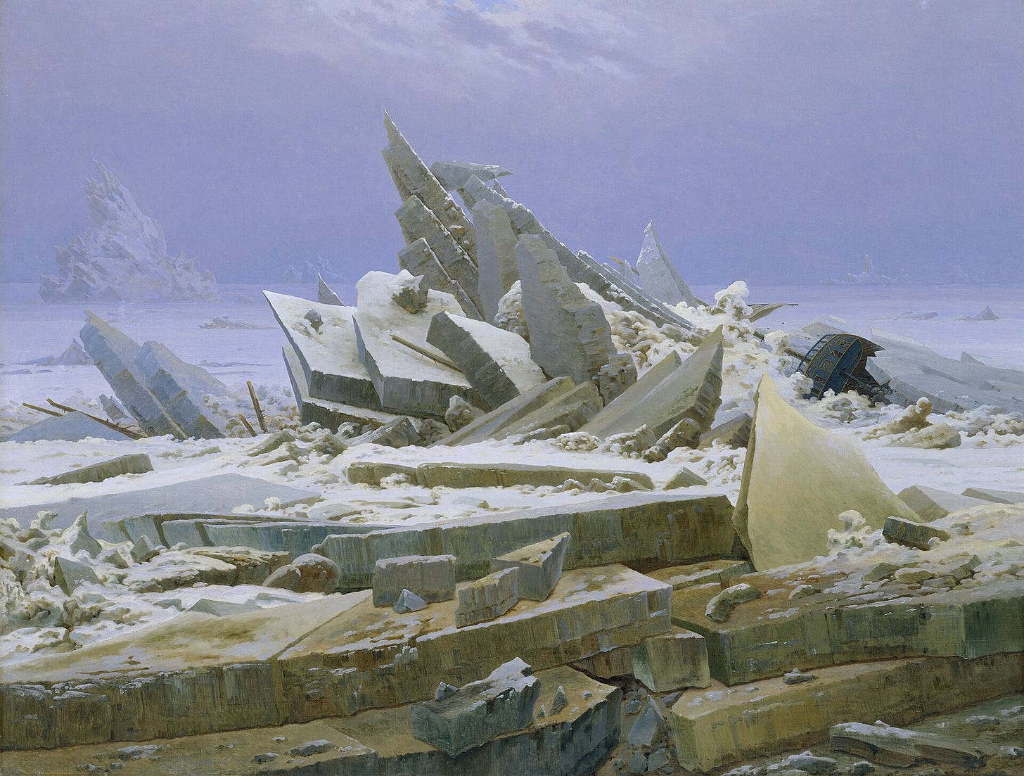 The Sea of Ice by Caspar David Friedrich: jagged slabs of ice piled over the crushed hull of a ship