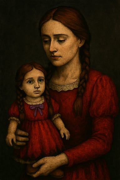 create an image of Ireena holding one of the dolls